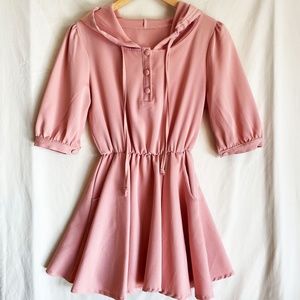 Pink Drawstring Hooded Cinched Waist Skater Dress
